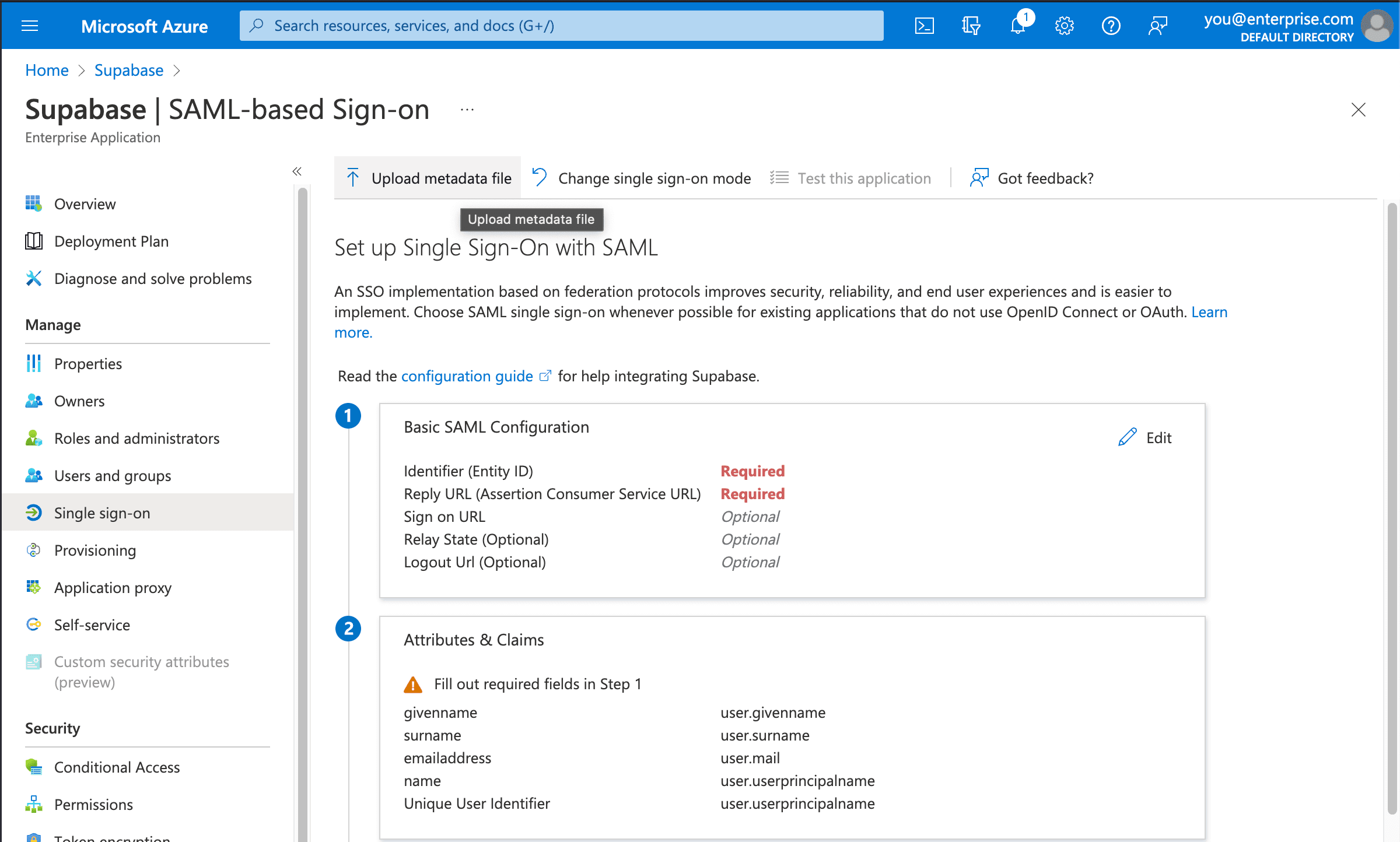 Azure AD console: Supabase application, SAML-based Sign-on screen, selected Upload metadata file button